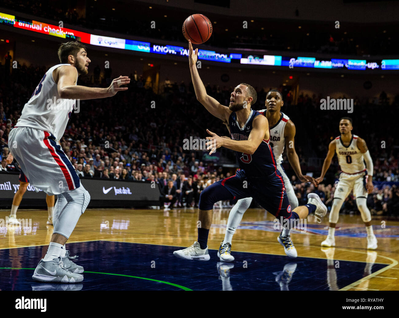 Mar 12 2019 Las Vegas, NV, U.S.A. St. Mary's guard Jordan Ford (3) drives to the basket during the NCAA West Coast Conference Men's Basketball Tournament championship between the Gonzaga Bulldogs and the Saint Mary's Gaels 60-47 win at Orleans Arena Las Vegas, NV. Thurman James/CSM Stock Photo