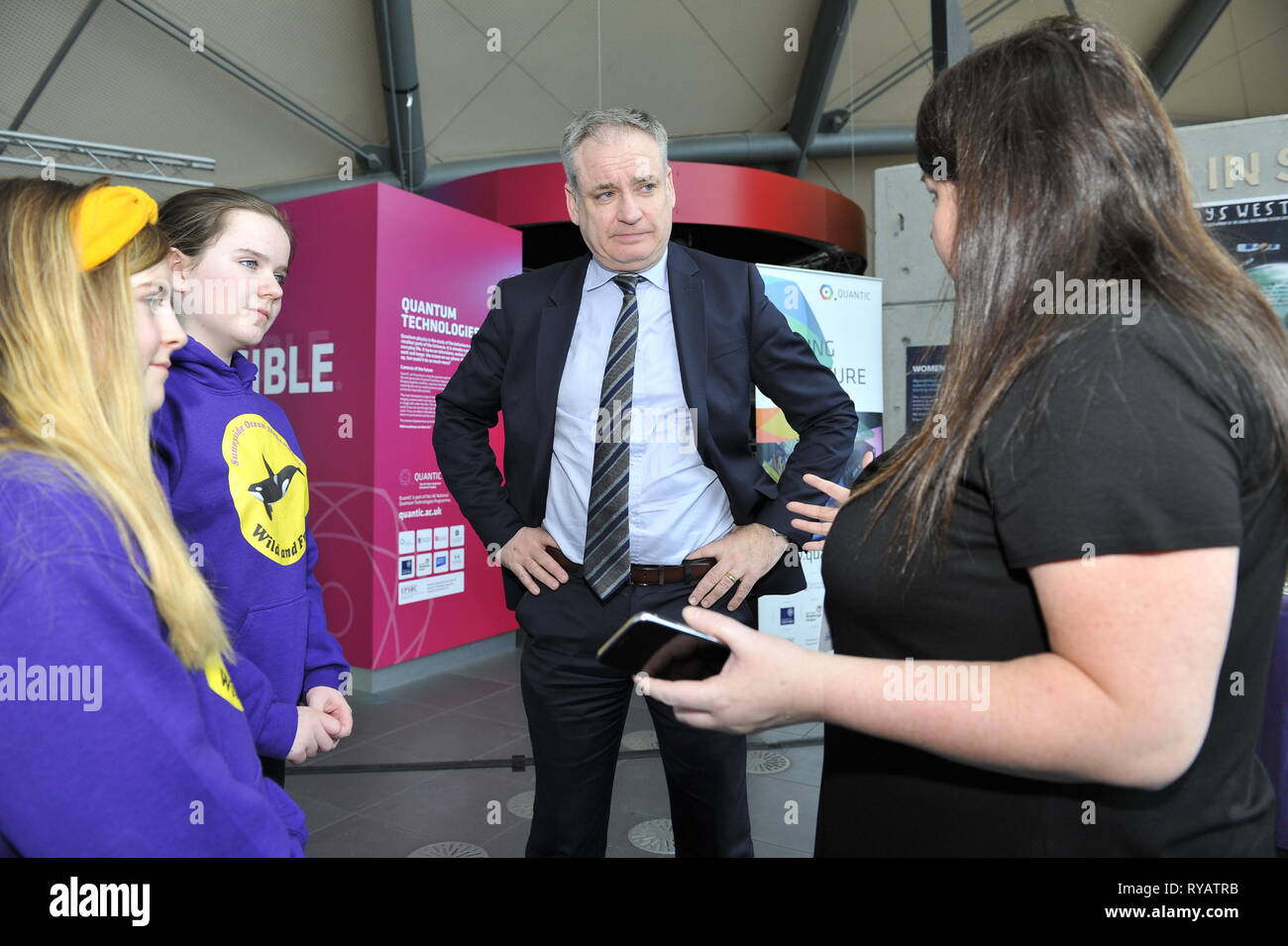 Glasgow, UK. 13 March 2019.  Mr Lochhead will meets P5 and P6 pupils from Sunnyside Primary School showcasing an environmental campaign they have created, as well as viewing exhibits from companies from across the Science, Technology, Engineering and Mathematics (STEM) industry.  Funding for Scotland’s four science centres will be announced during British Science Week.  Scotland is the only part of the UK where science centres are supported through annual funding. Minister for Science Richard Lochhead will unveils more funding. Stock Photo