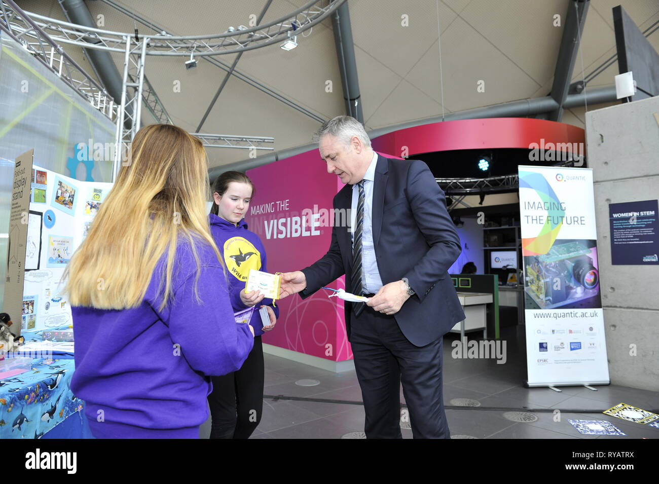 Glasgow, UK. 13 March 2019.  Mr Lochhead will meets P5 and P6 pupils from Sunnyside Primary School showcasing an environmental campaign they have created, as well as viewing exhibits from companies from across the Science, Technology, Engineering and Mathematics (STEM) industry.  Funding for Scotland’s four science centres will be announced during British Science Week.  Scotland is the only part of the UK where science centres are supported through annual funding. Minister for Science Richard Lochhead will unveils more funding. Stock Photo