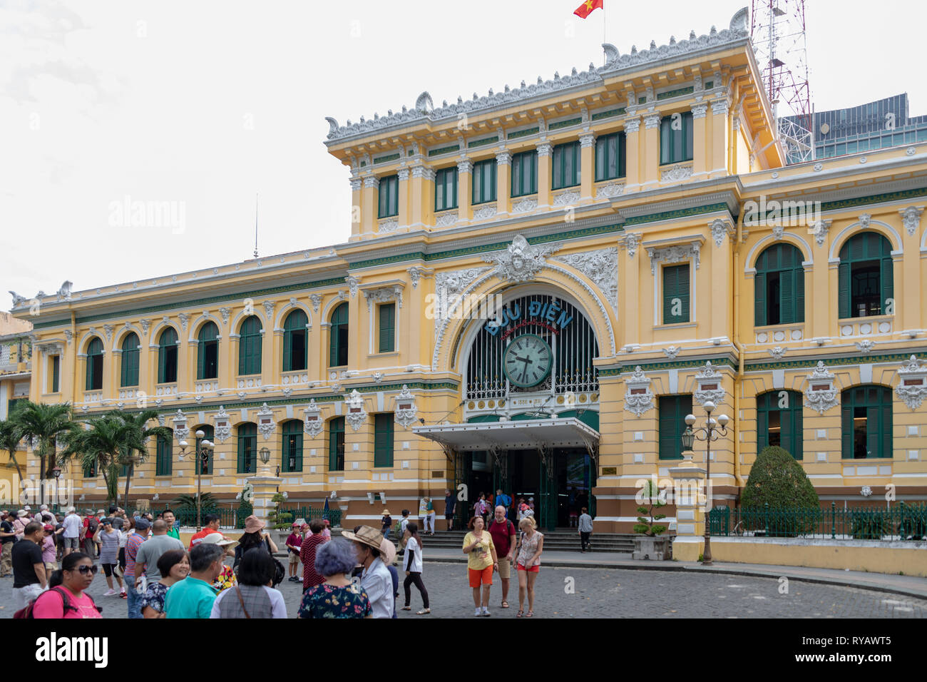 District 1, Ho Chi Minh City, Vietnam, Wednesday 13th March 2019.  Saigon weather::Hot spring day with highsf of 36 degrees. The Central Post Office in Ho Chi Minh is a beautifully preserved remnant of French colonial times and perhaps the grandest post office in all of Southeast Asia. Located next door to Notre Dame Cathedral, Credit: WansfordPhoto/Alamy Live News Stock Photo