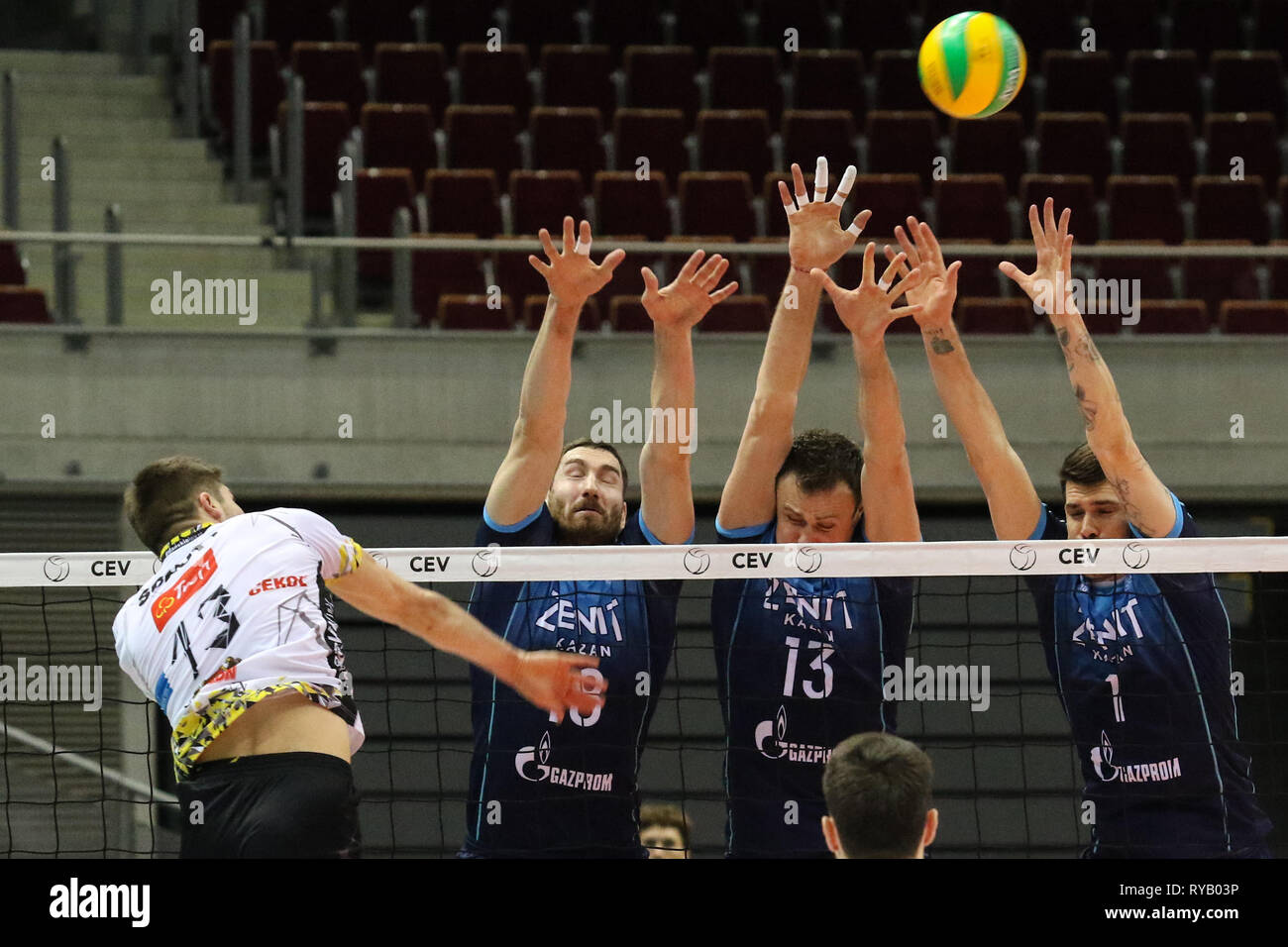 Gdansk, Poland March, 13th. 2019 Trefl Gdansk (Poland) v Zenit Kazan  (Russia) CEV Champions League Men - Quarter Finals volleyball game. RUBEN  SCHOTT (13) of Trefl Gdansk is seen in action against