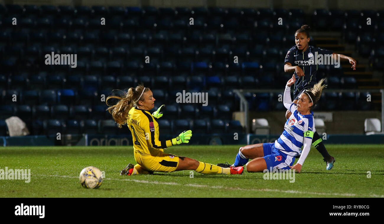 High Wycombe, Bucks, UK. 13th Mar, 2019. Nikita Parris of Manchester City scores to make it 1-1 during the Women's Super League match between Reading FC Women and Manchester City Women at Adams Park, High Wycombe, England on 13th March 2019. Editorial Use Only Credit: Paul Terry Photo/Alamy Live News Stock Photo