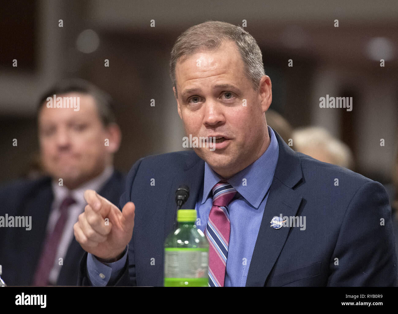 March 13, 2019 - Washington, District of Columbia, U.S. - Jim Bridenstine, Administrator, National Aeronautics and Space Administration, testifies before the United States Senate Committee on Commerce, Science, and Transportation on ''The New Space Race: Ensuring U.S. Global Leadership on the Final Frontier'' on Capitol Hill in Washington, DC on Wednesday, March 13, 2019  (Credit Image: © Ron Sachs/CNP via ZUMA Wire) Stock Photo