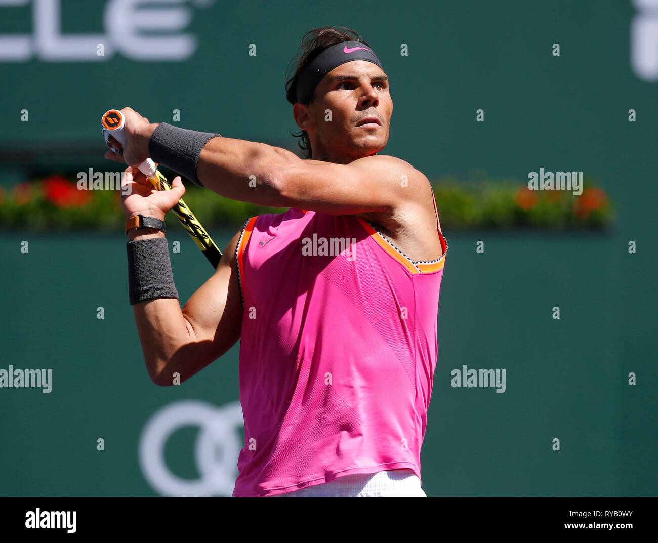 Indian Wells, California, USA. 13th Mar, 2019. March 13, 2019 Rafael Nadal  (ESP) returns a shot against Filip Krajinovic (SRB) during the 2019 BNP  Paribas Open at Indian Wells Tennis Garden in