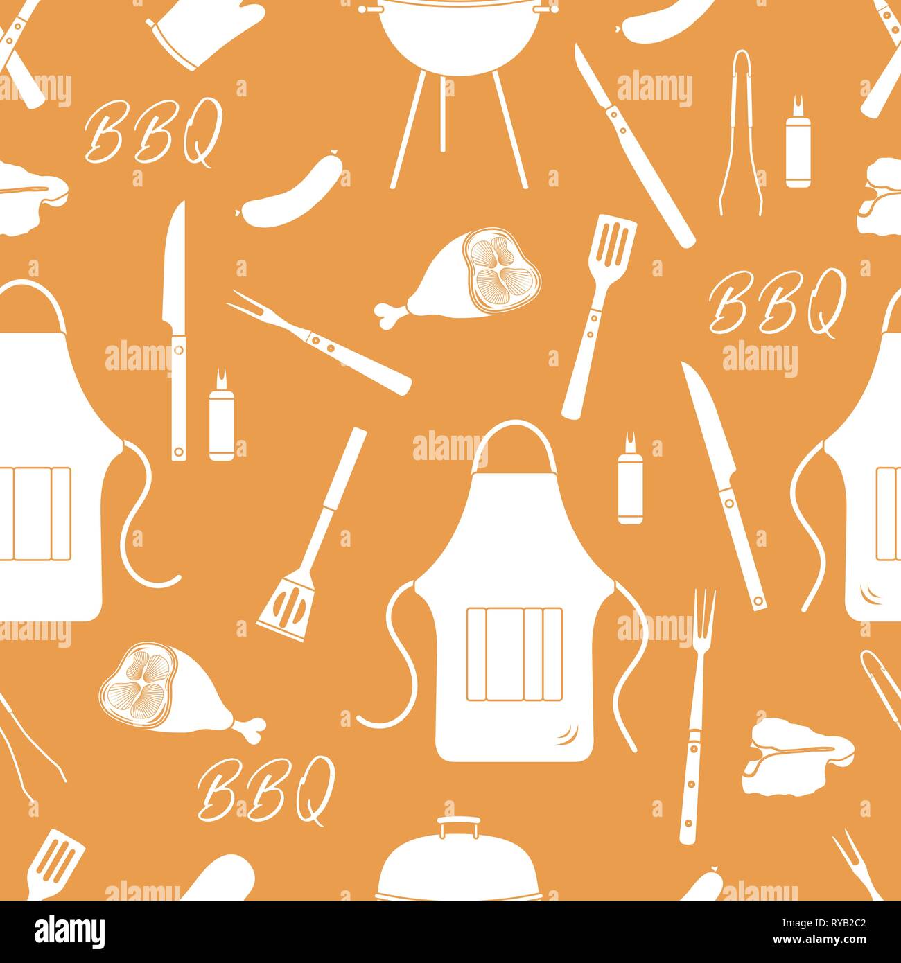 Seamless pattern with grill and barbecue tools. BBQ party background. Design for party card, banner, poster or print. Stock Vector