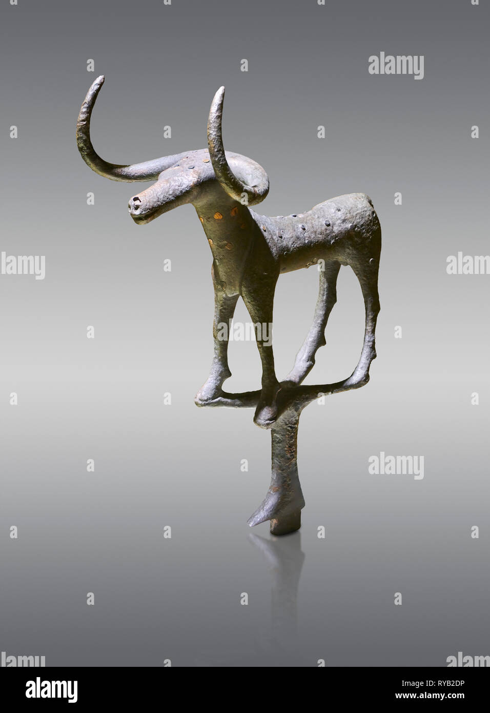 Bronze Age Sculpture Reproduction  Bull Statue Miniature on Wooden Base  Signed  Hattian Ceremonial Bull Statuette