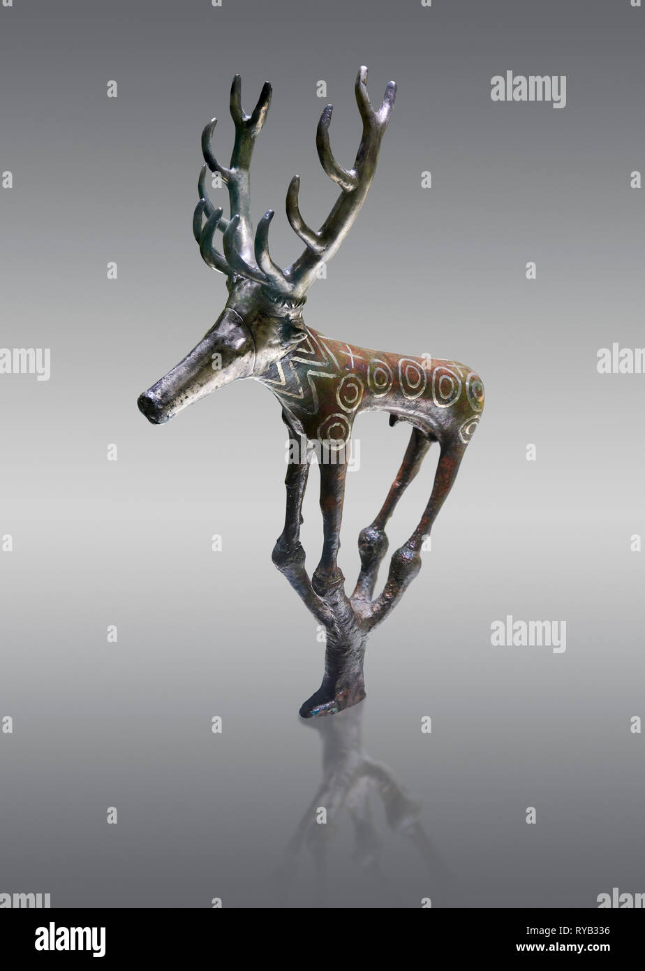 Bronze Age Hattian ceremonial deer statuette in bronze from a possible Bronze Age Royal grave (2500 BC to 2250 BC) - Alacahoyuk - Museum of Anatolian  Stock Photo
