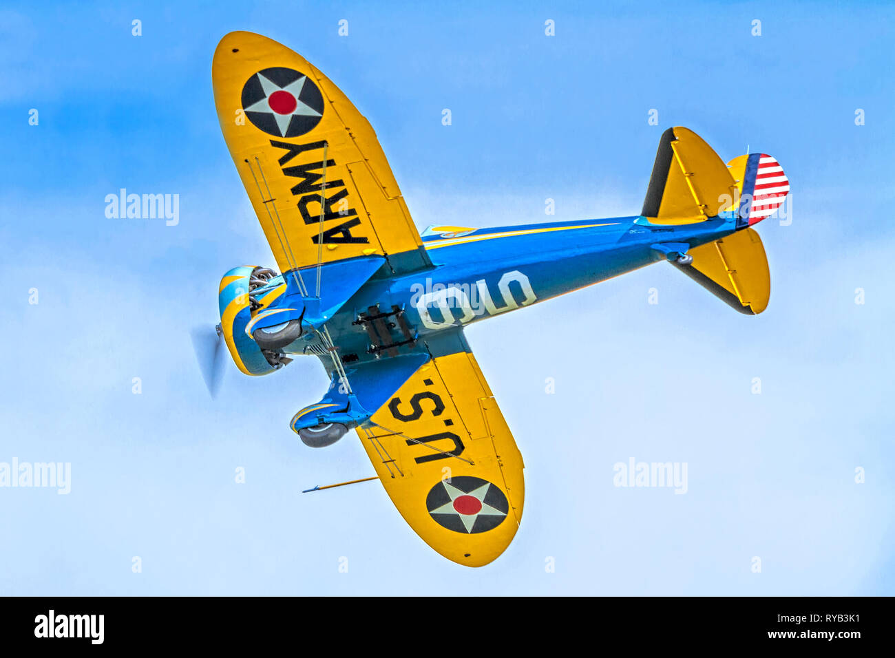 VIsiting from the USA, the Planes of Fame Museum's Boeing P-26A Peashooter is pictured at Duxford in 2014. Stock Photo