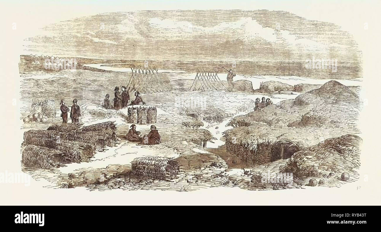 Arab Tabia Silistria. On the Left in the Distance is the Medjidie Tabia the Danube in Front and the Plains of Wallachia in the Distance. The Holes in the Sides of the Earth-Work Are Made to Contain As Much of a Man's Body As He Can Stuff in to Avoid the Bursting Shells. 1854 Stock Photo