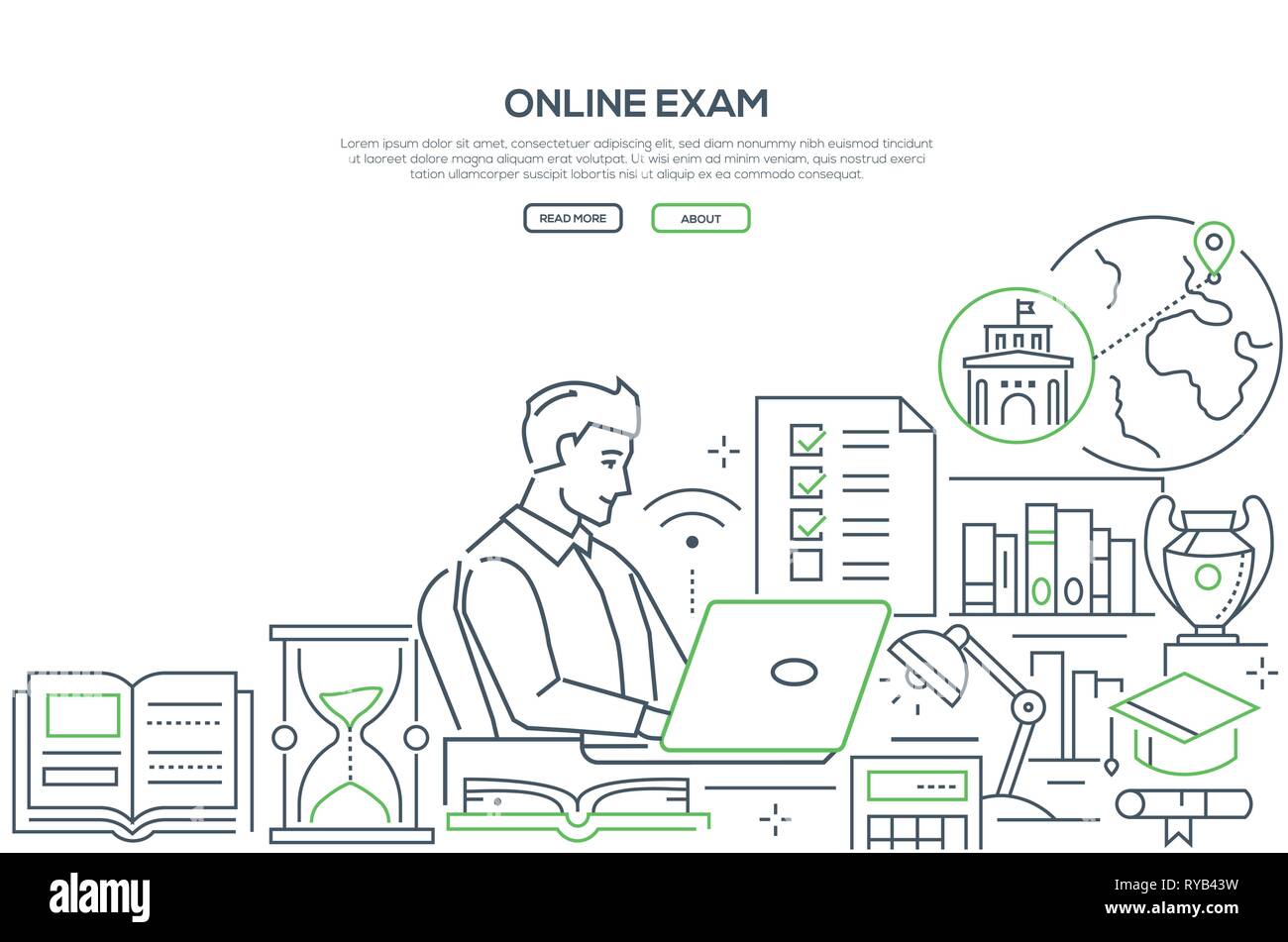 Online exam - line design style web banner Stock Vector