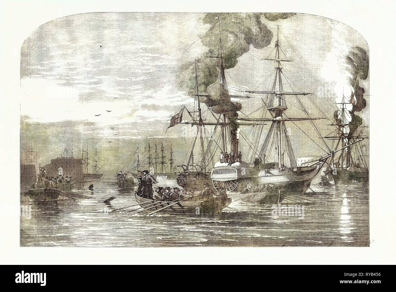 Steamships of the Allied Fleet Searching for Infernal Machines Off Cronstadt Russia 1854 Stock Photo