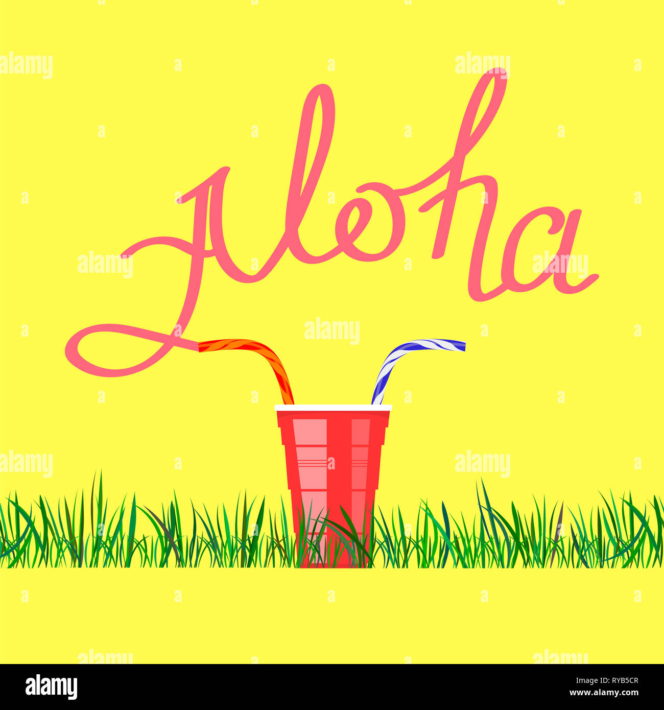 Lettering AlohaText with Red Plastic Cup. Hand Sketched Vacation Typography Sign for Badge, Icon, Banner Stock Photo