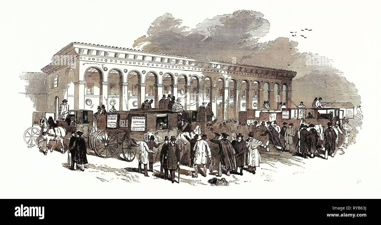 The Cambridge Chancellorship Election: The Railway Station at Cambridge, Arrival of Voters, UK, 1847 Stock Photo