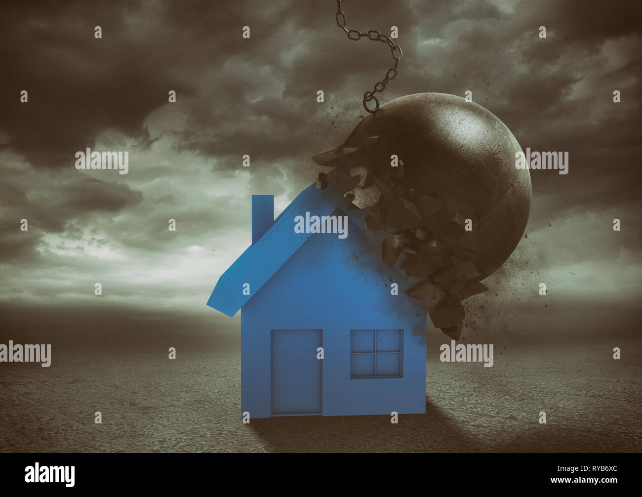 House resists the impact with a demolition ball. Concept of strength and indestructibility Stock Photo