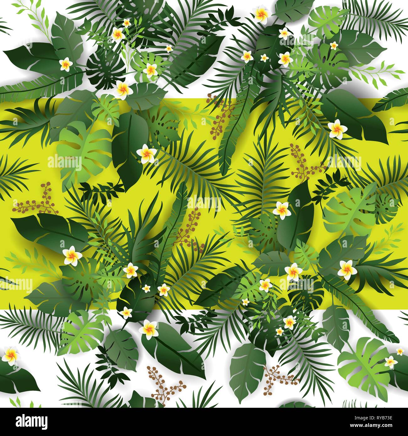 Seamless Pattern Exotic Floral Background. Tropical Flowers and Leaves Backdrop. Greenery Jungle Seamless Design Stock Vector