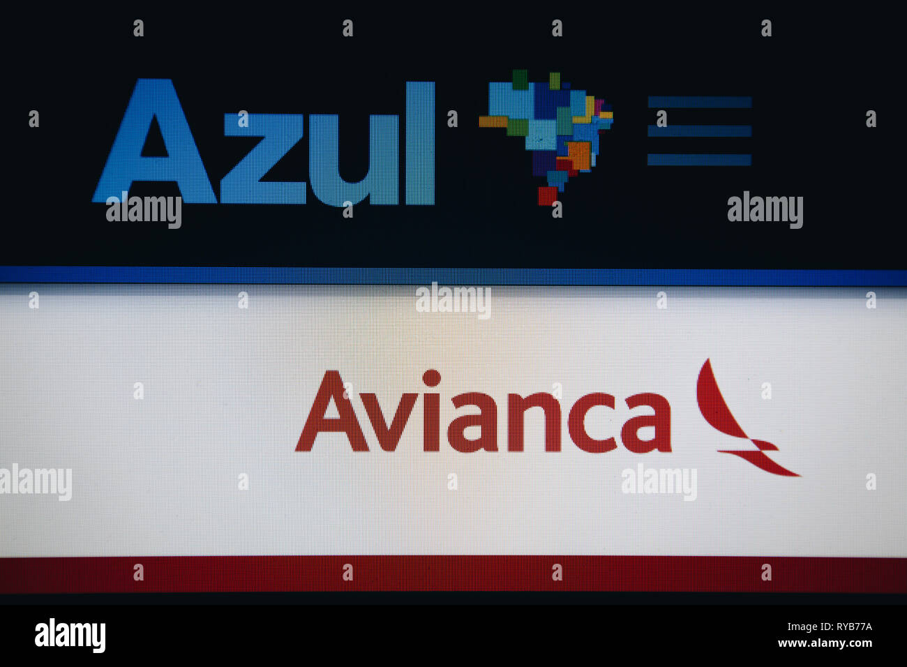 Logos of airline companies Azul and Avianca are seen on their respective websites. Brazilian airline Azul Linhas Aereas Brasileiras S/A (Azul Brazilia Stock Photo