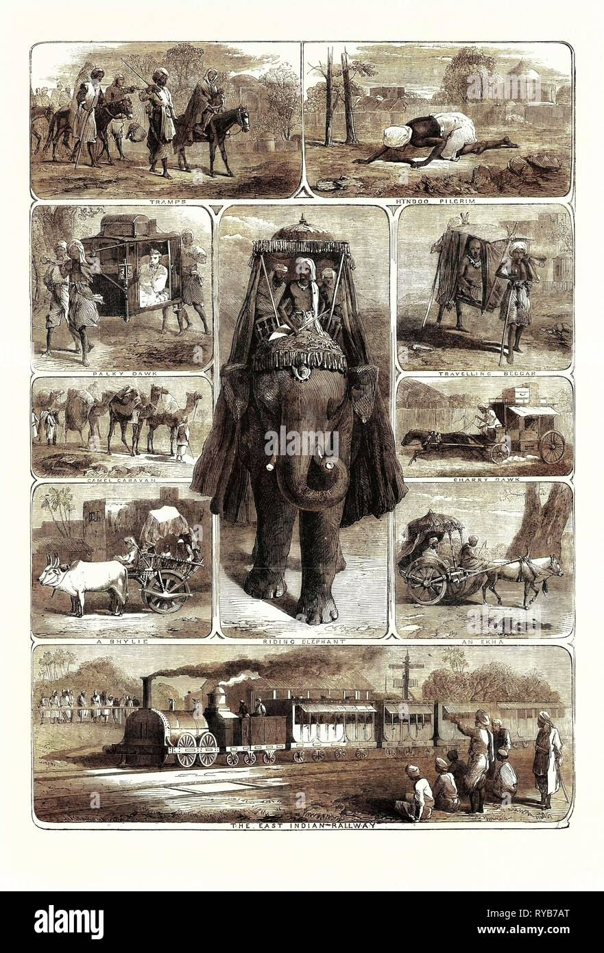 Modes of Travelling in India: Tramps, Hindu Pilgrim, Palky Dawk, Camel Caravan, a Bhylie, Riding Elephant, Travelling Beggar, Charry Dawk, an Ekha, the East Indian Railway, 1863 Stock Photo