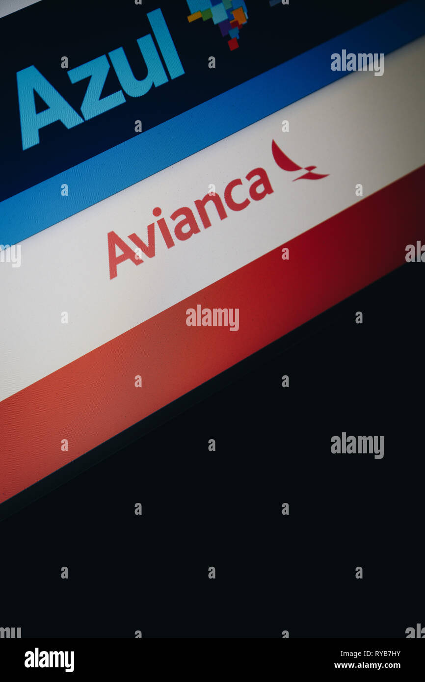 Logos of airline companies Azul and Avianca are seen on their respective websites. Brazilian airline Azul Linhas Aereas Brasileiras S/A (Azul Brazilia Stock Photo