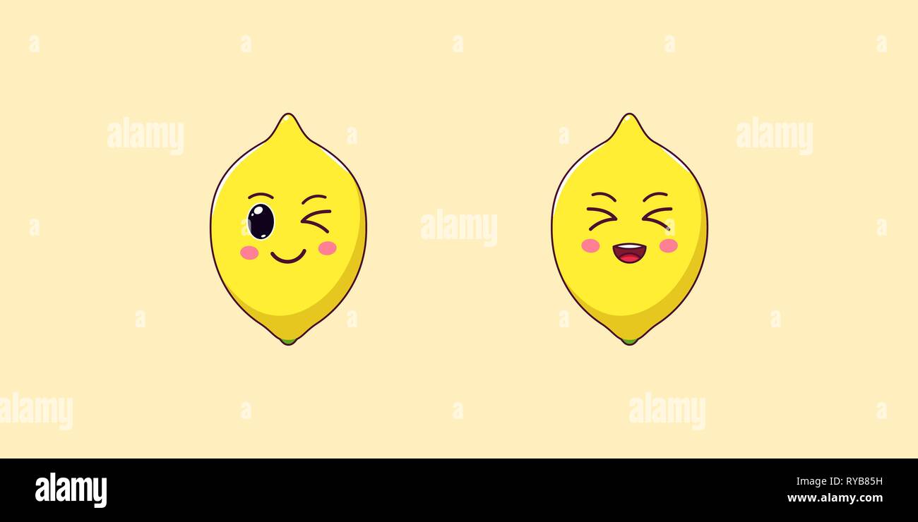 Cute Kawaii Lemon Cartoon Citrus Fruit Vector Illustration Of