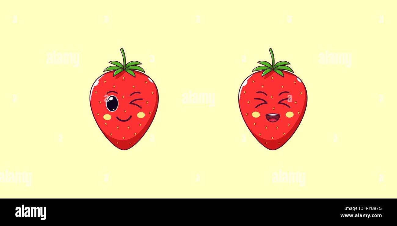 Cute Kawaii Strawberry, Cartoon Ripe Fruit. Vector illustration of Cartoon Red Strawberry with Winking and Laughing Face, Funny Emoji. Juicy Berry Sti Stock Vector