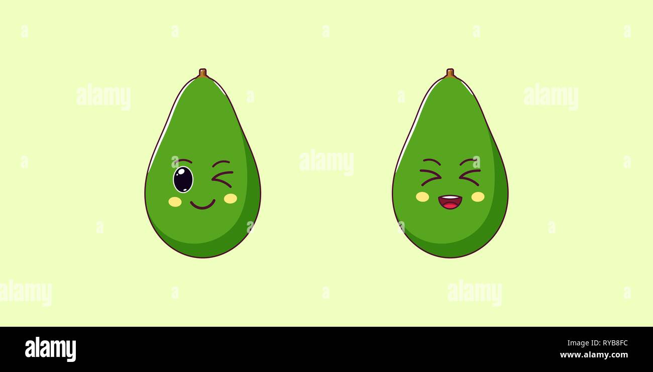 Cute Kawaii Avocado, Cartoon Ripe Fruit. Vector illustration of Cartoon Green Avocado with Winking and Laughing Face, Funny Emoji. Summer Sticker. Pri Stock Vector