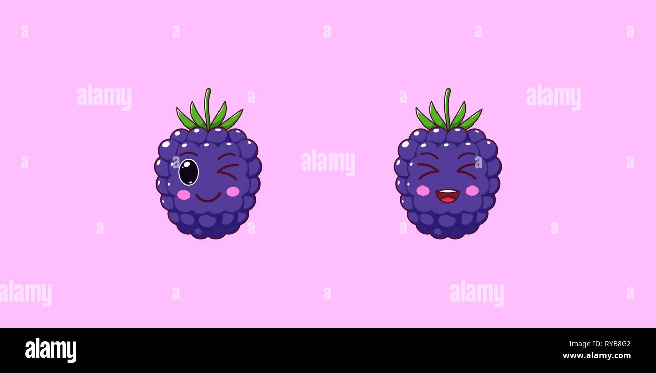 Cute Kawaii Blackberry, Cartoon Ripe Fruit. Vector illustration of