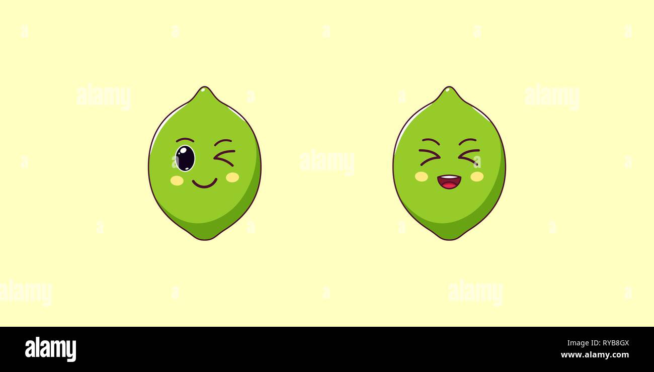 Cute Kawaii Lime, Cartoon Ripe Fruit. Vector illustration of Cartoon