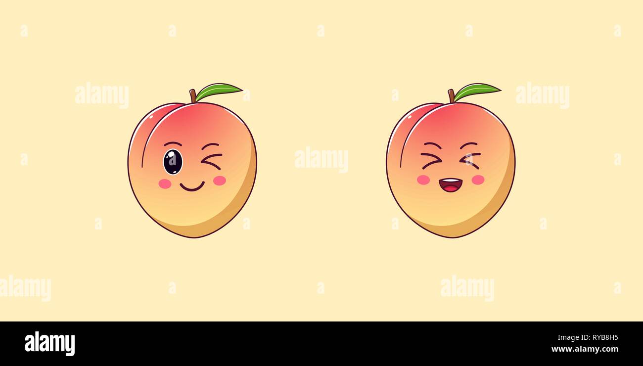 Cute Kawaii Peach, Cartoon Ripe Fruit. Vector illustration of Cartoon Honeyed Peach with Winking and Laughing Face, Funny Emoji. Juicy Sweet Sticker.  Stock Vector