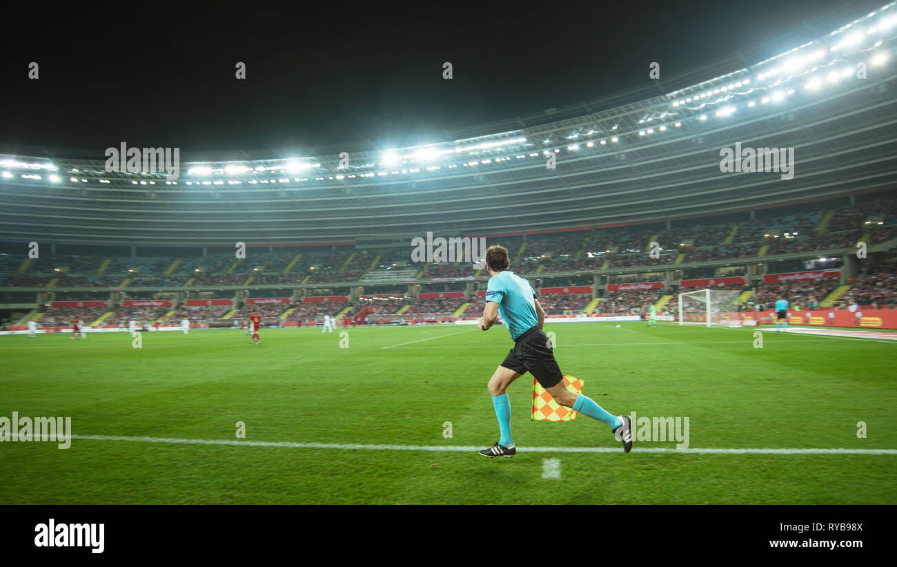 CHORZOW, POLAND - OCTOBER 11, 2018: Football Nations League division A group 3 match Poland vs Portugal 2:3 . In the picture assistant of referee. Stock Photo