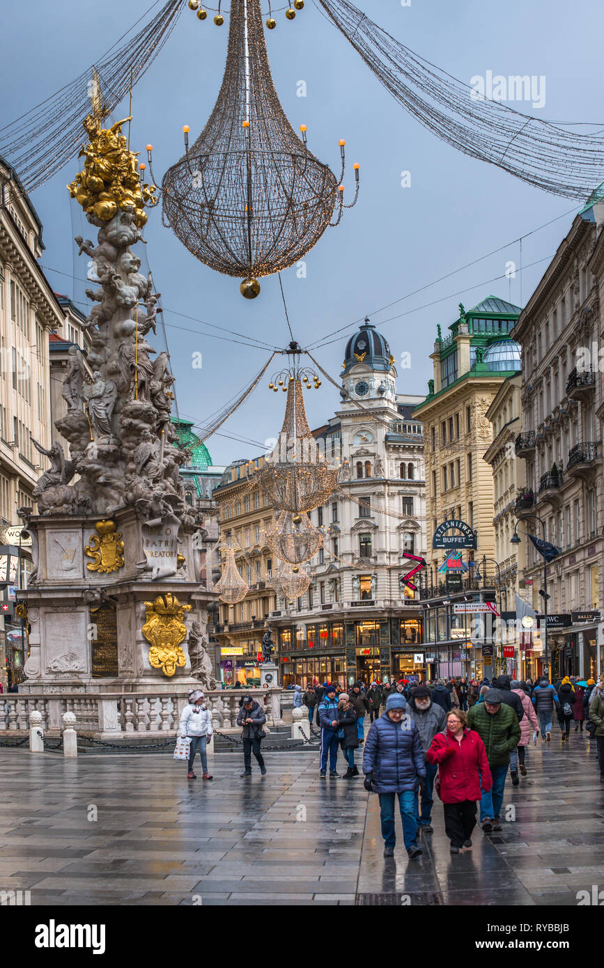 Trinity Column on Graben at Christmas. Vienna, Austria. Stock Photo