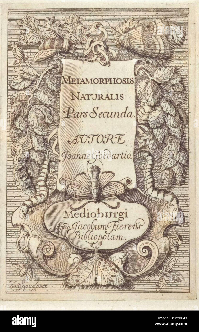 Title page for Johannes Goedaerts 'Metamorphosis Naturalis', part 2, Middelburg 1667, decorated with insects, such as a bee, a butterfly, and two moths, print maker: Johannes Goedaert (mentioned on object), Dating 1667 Stock Photo