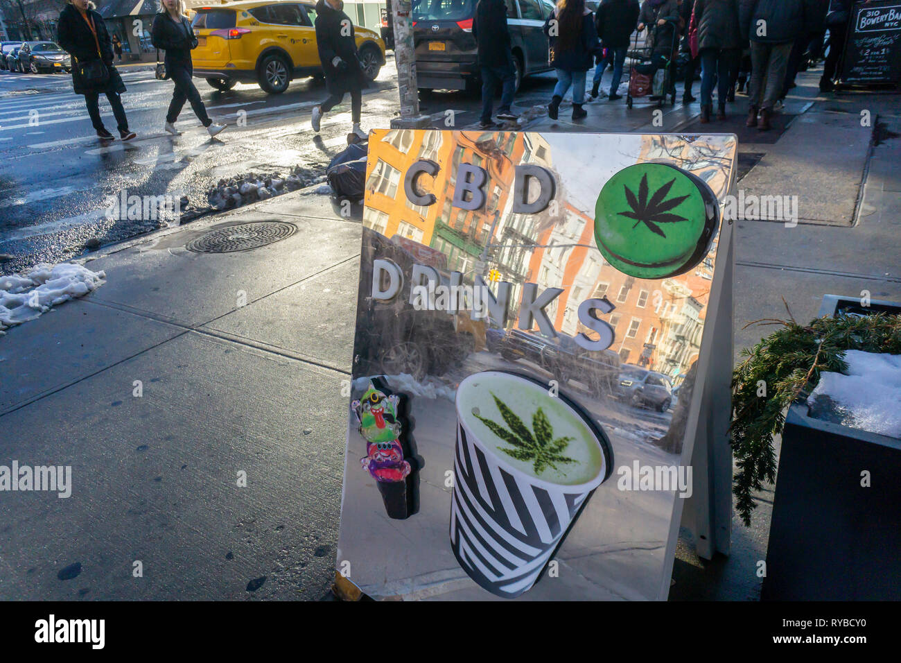 A cafe on the Lower East Side in New York advertises the availability of CBD infused beverages on its menu, seen on Saturday, March 2, 2019. CBD is the non-psychoactive component of marijuana as opposed to tetrahydrocannabinol (THC) which is the stuff that gets you high, not to mention being illegal at this time. (Â© Richard B. Levine) Stock Photo
