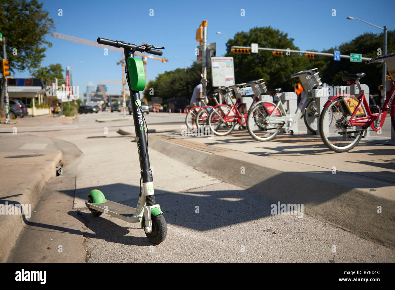 Electric E Scooters for hire South Congress Avenue, Austin, Texas Stock