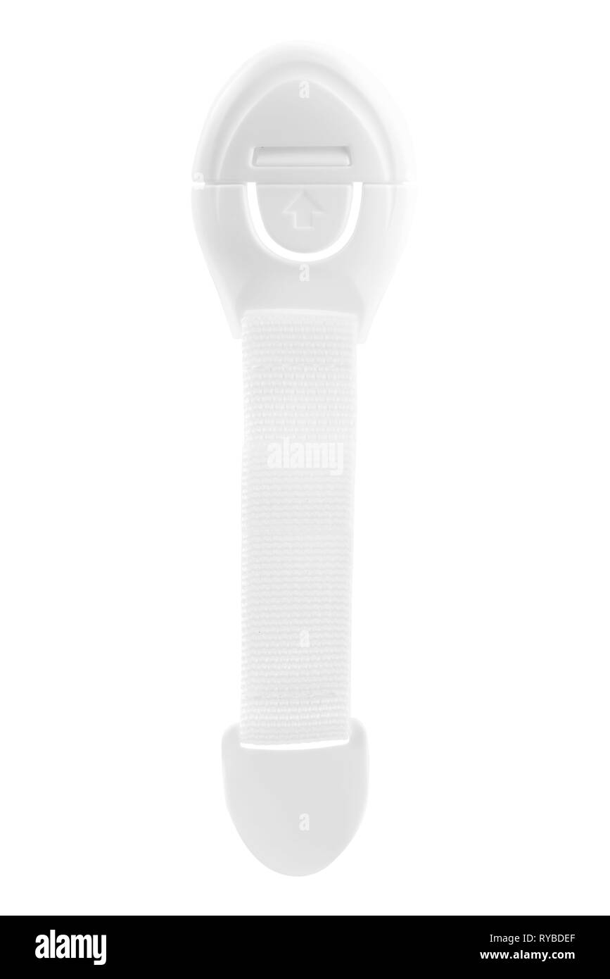 Isolated baby proof lock white plastic with flexible strap pack