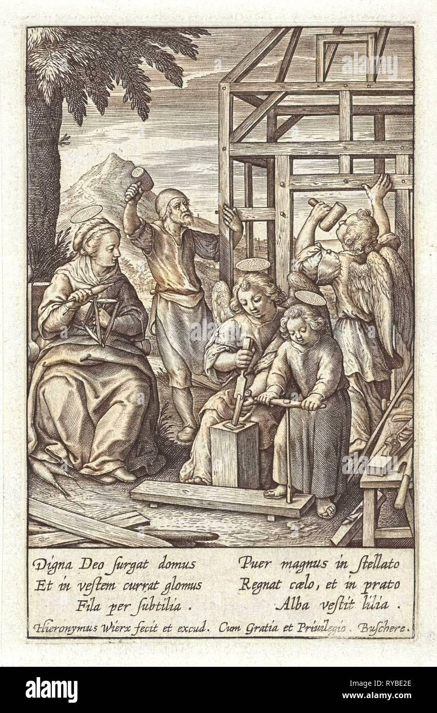 Christ Child is building a house, Hieronymus Wierix, 1563 - before 1619 Stock Photo
