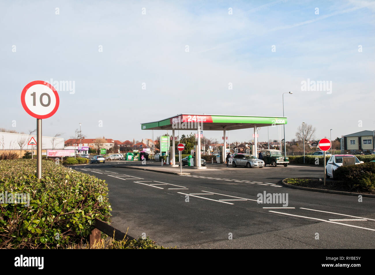 Speed limit and no entry at Asda petrol station Cherry Tree Retail Park