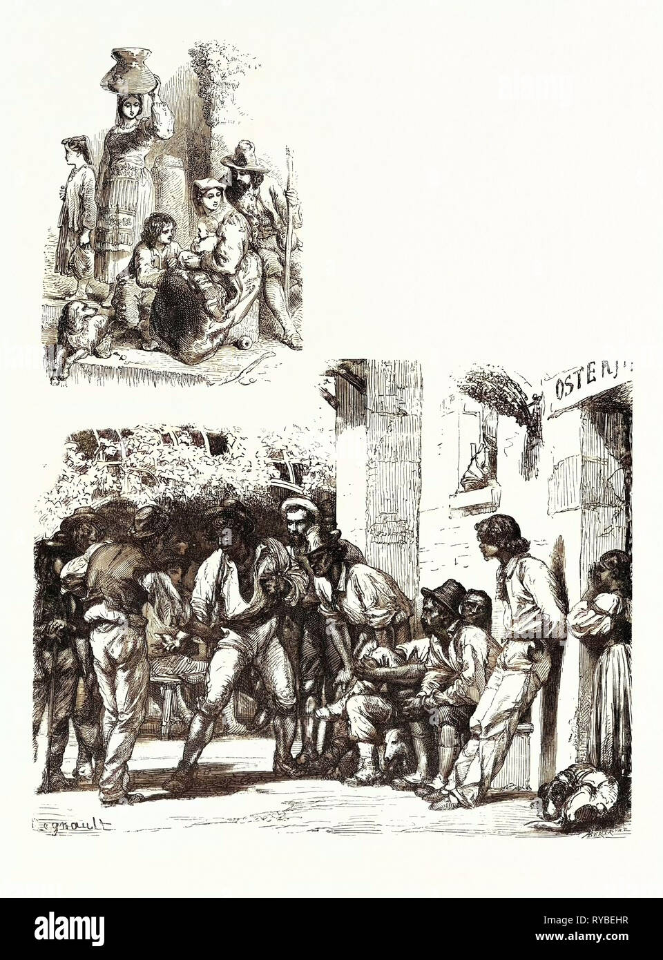 Roman Peasants: The Ideal (Upper Image) Roman Peasants Playing at Mora: The Reality (Lower Image Stock Photo