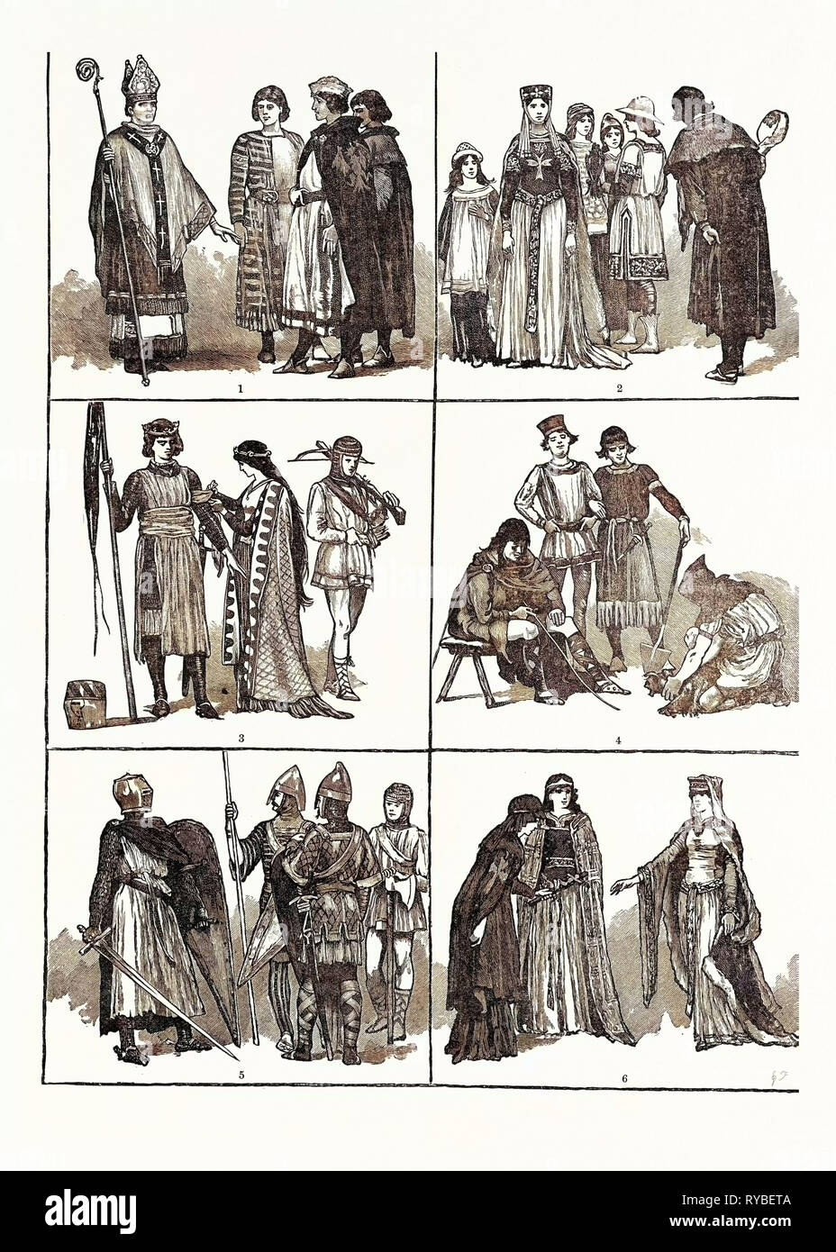 Norman Costumes of the Eleventh and Twelfth Centuries: 1. Bishops and Barons (11th Century) 2. Noble Ladies and Citizens (11th Century) 3. Prince Princess and Cross-Bowman (11th Century) 4. Artisans and Artificers (11th Century) 5. Military Costumes of the 12th Century 6. Noble Ladies of Normandy (12th Century Stock Photo