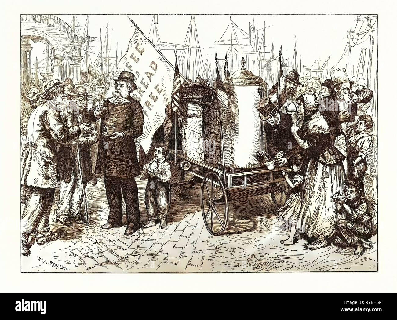 Dr. Kennion's Street Coffee-Urn Cart-a Good Temperance Movement. Drawn W.A. Rogers, US, USA, America, United States, American, Engraving 1880 Stock Photo