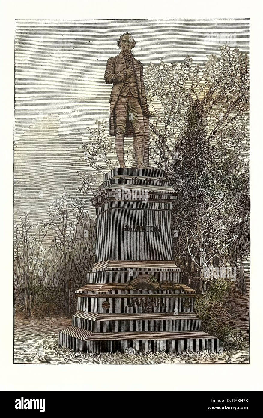 Statue Alexander Hamilton, Central Park, US, USA, America, United States, American, Engraving 1880 Stock Photo