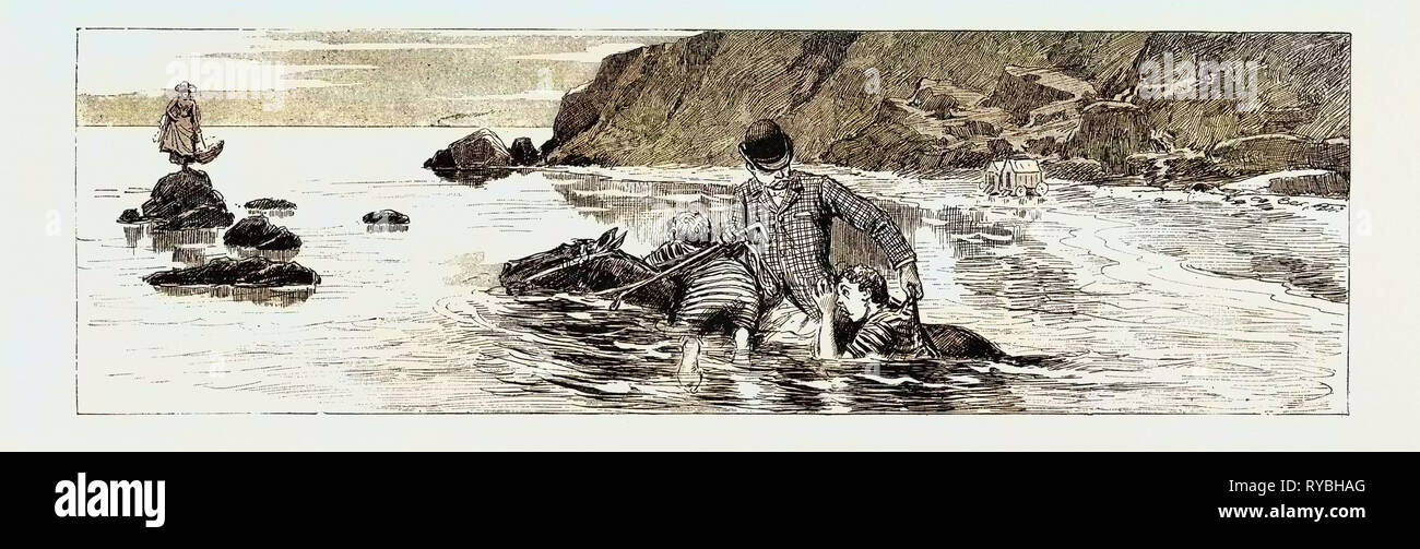 A Tale of the Sea: Discretion is the Better Part of Valour, which the Twins, Unable to Swim, Should Have Remembered, 1890 Engraving Stock Photo