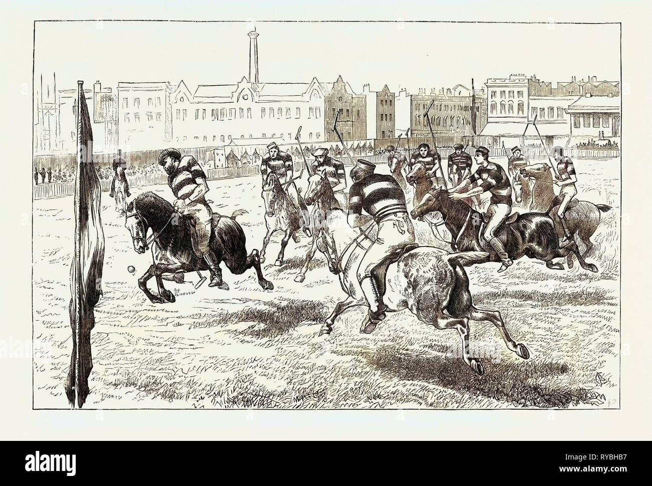 Polo Match at Lillie Bridge in Aid of the Funds of the West London Hospital, UK, 1890 Engraving Stock Photo