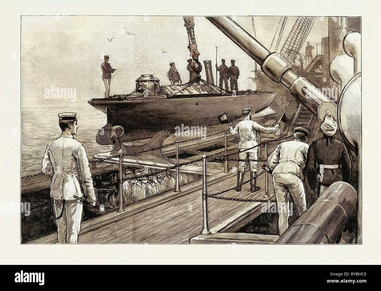 The Naval Manoeuvres: Out Torpedo Boat Whilst Under Way, on Board an Ironclad, Maritime, 1890 Engraving Stock Photo