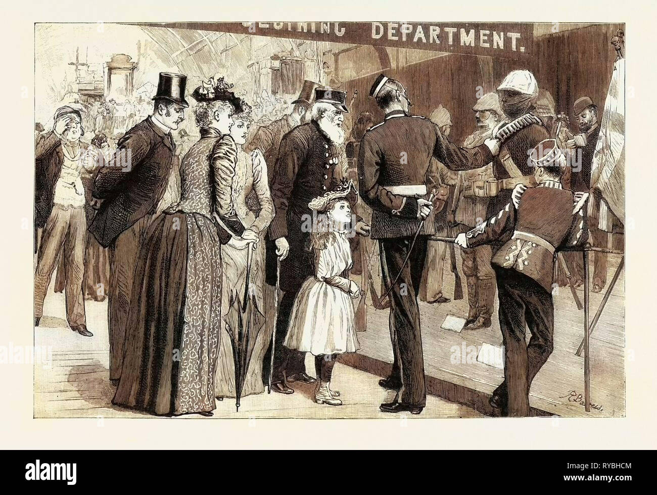 The Military Exhibition Revisited: Interested Spectators, Three Generations of Soldiers, 1890 Engraving Stock Photo