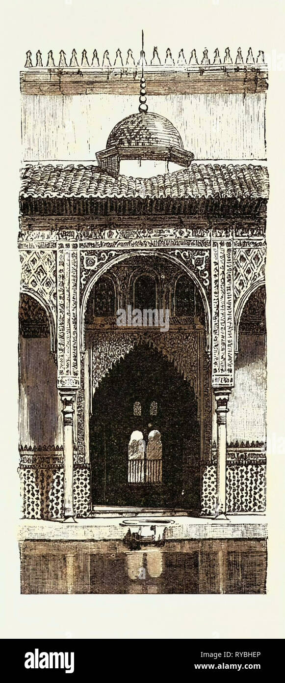 The Burning of the Alhambra at Granada: Entrance to the Hall of Ambassadors, Andalusia, Spain, 1890 Engraving Stock Photo