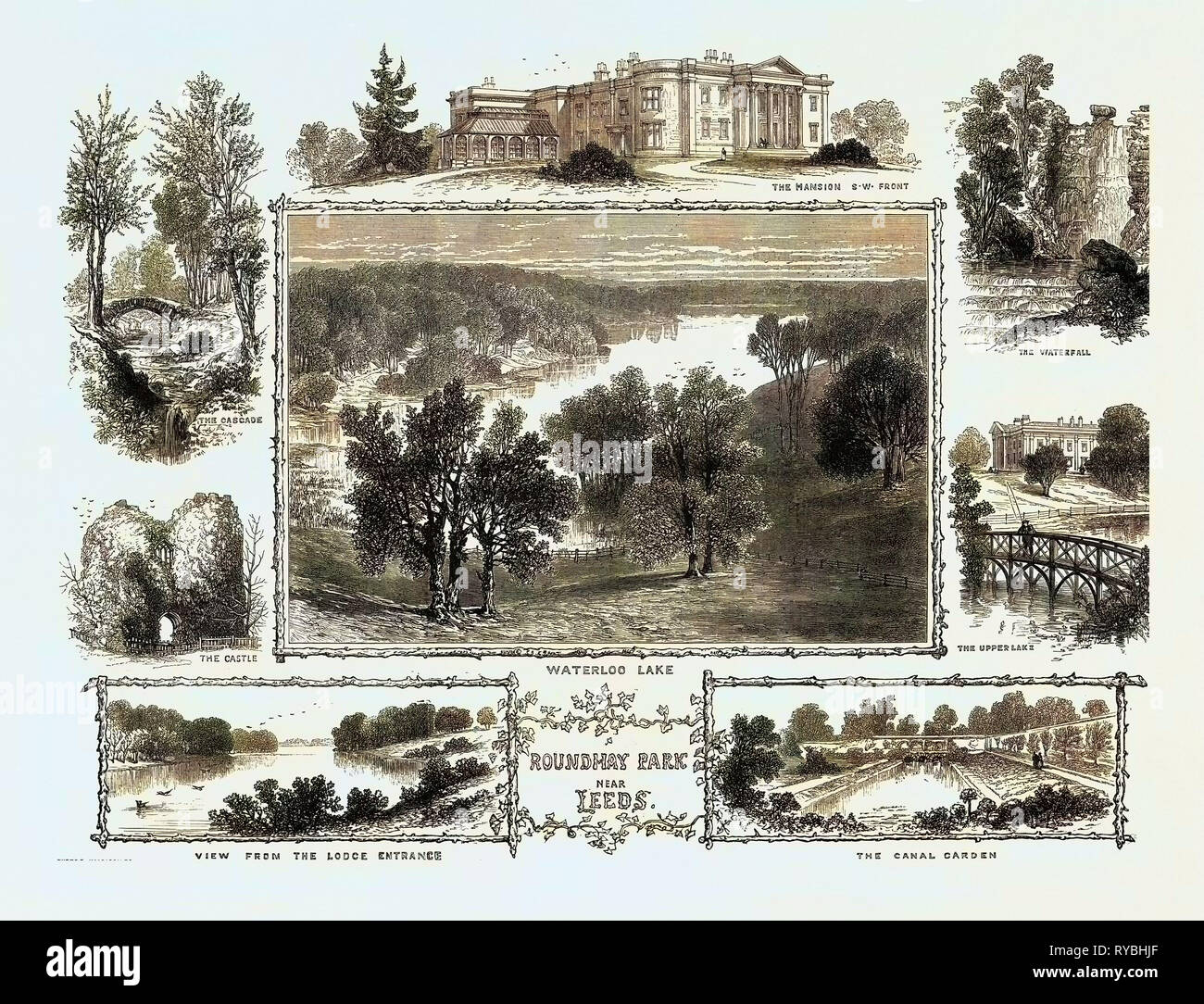 Roundhay Park Near Leeds: The Mansion, South West Front, the Waterfall, the Upperlake, Waterloo Lake, the Cascade, the Castle, View from the Lodge Entrance, the Canal Garden Stock Photo