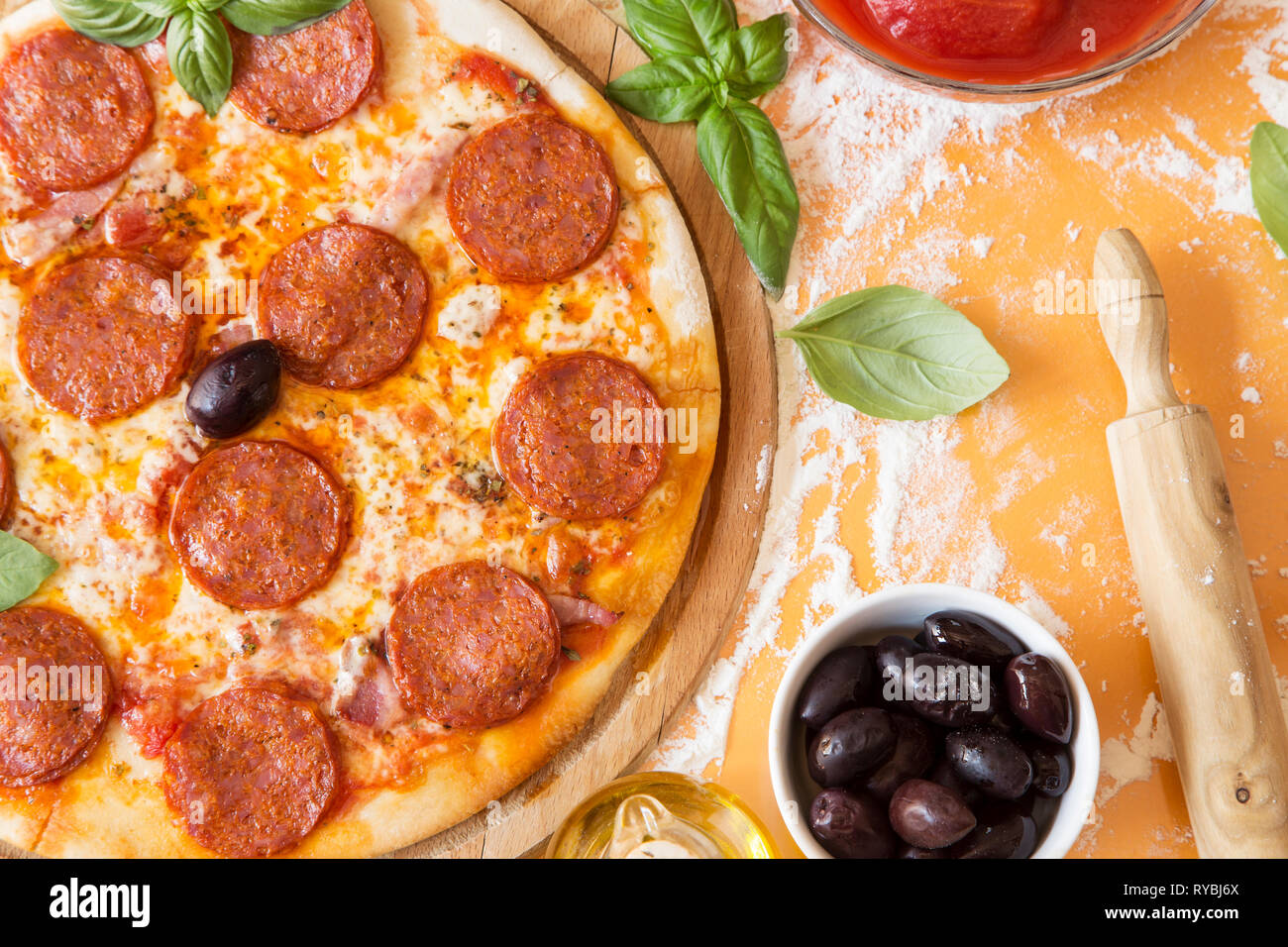 Pepperoni pizza with  ingredients from above Stock Photo