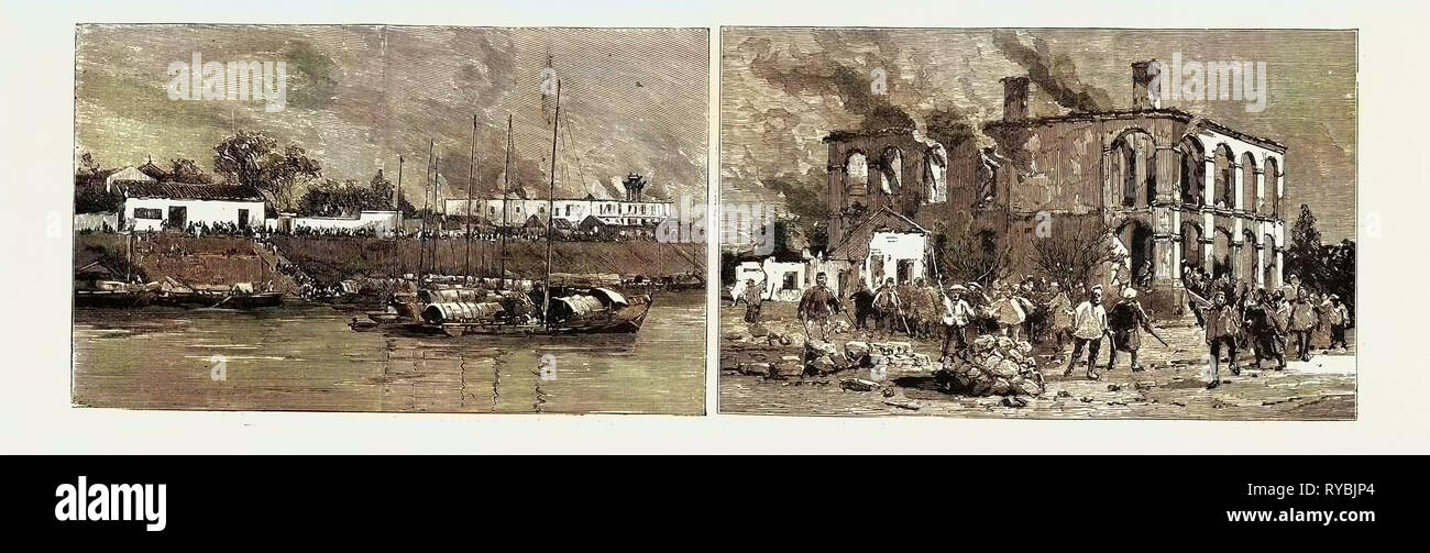 The Chinese Outrages, the Riots in the Foreign Concession at Ichang on the Upper Yangtze River: The Roman Catholic Mission at Ichang (Left), a European's House at Ichang after the Riot (Right Stock Photo