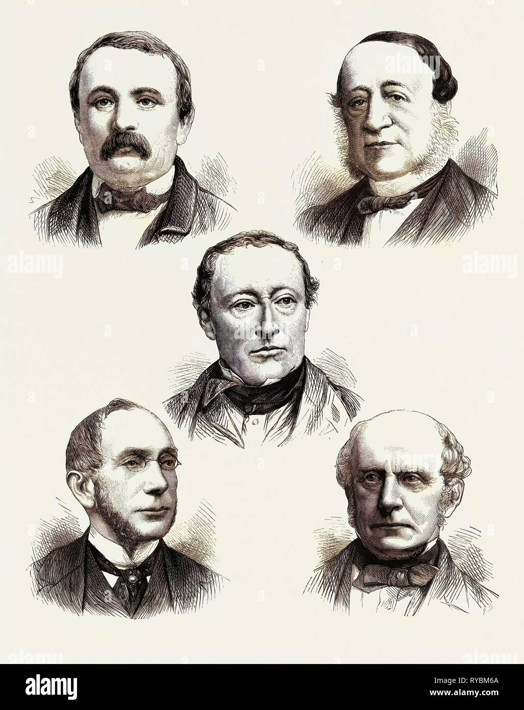 The Alabama Claims: The Geneva Court of Arbitration, (Top Left) M. Staempfli (Switzerland), (Top Right) Count Sclopis (Italy), (Centre) Sir Alexander Cockburn (England), (Down Left) Baron Do Itajuba (Brazil), (Down Right) Mr. C.F. Adams (United States Stock Photo