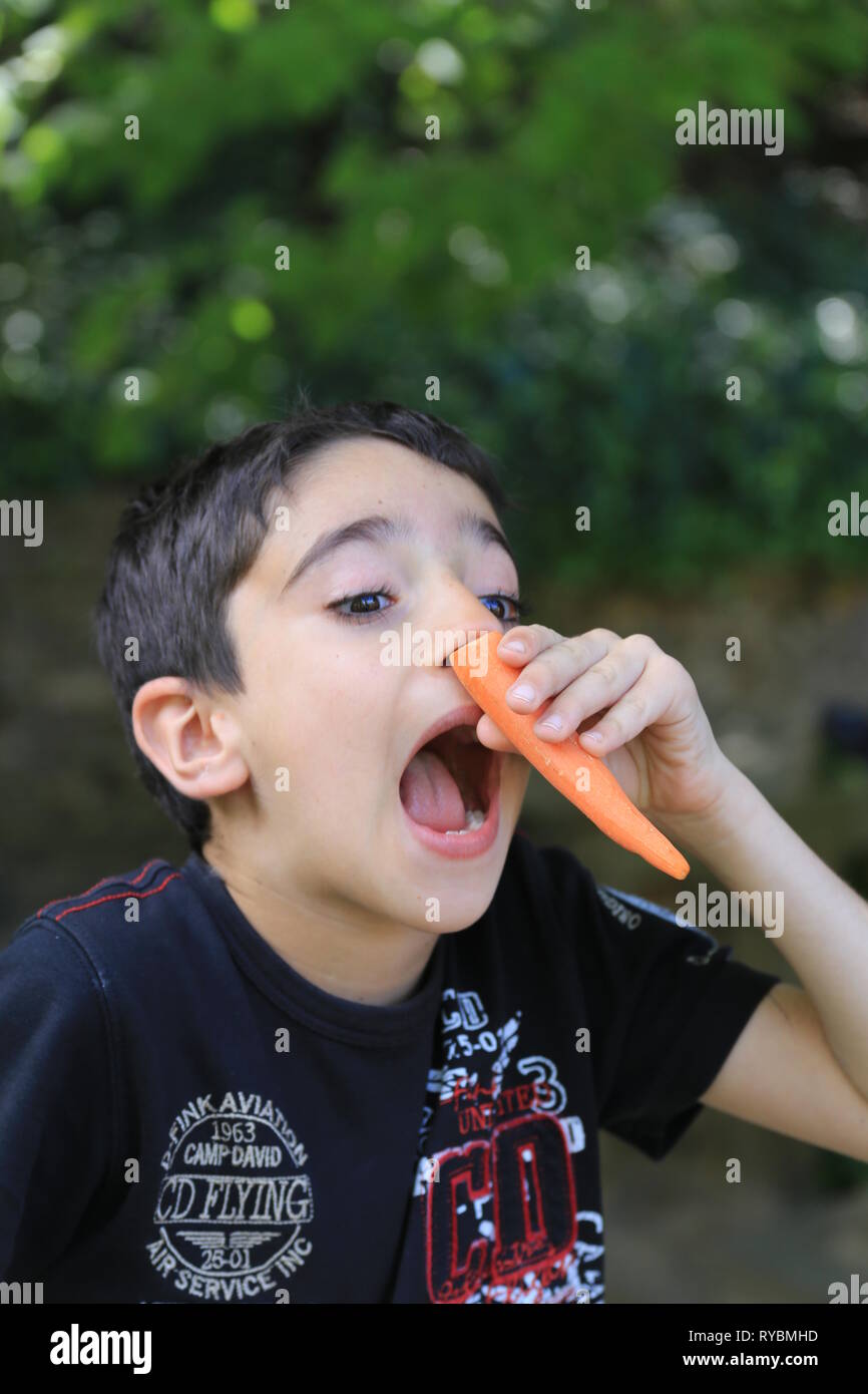 Expressive little boy making grimace and showing long nose with carrot standing outdoors Stock Photo